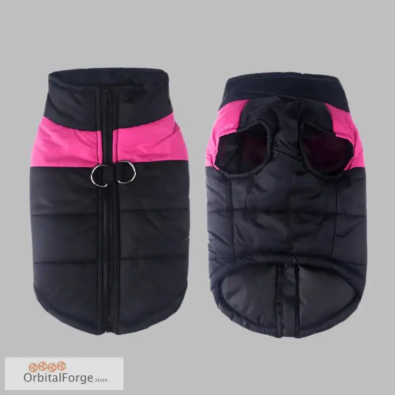 Pink and black padded waterproof vest jacket for dogs with D-ring attachment.