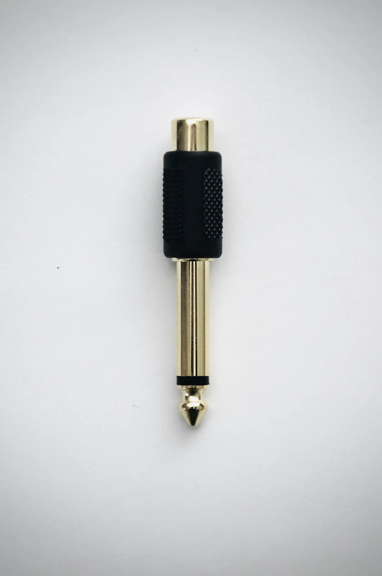 Gold-plated audio connector with textured grip for Orbital Forge high-speed LAN network.