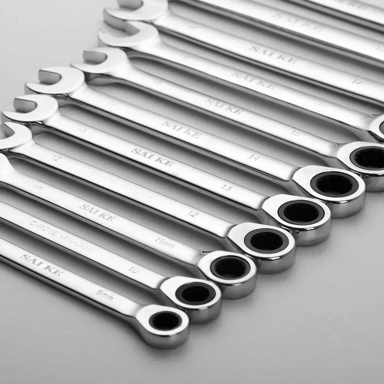 Set of chrome combination wrenches in a row for essential DIY tools collection.