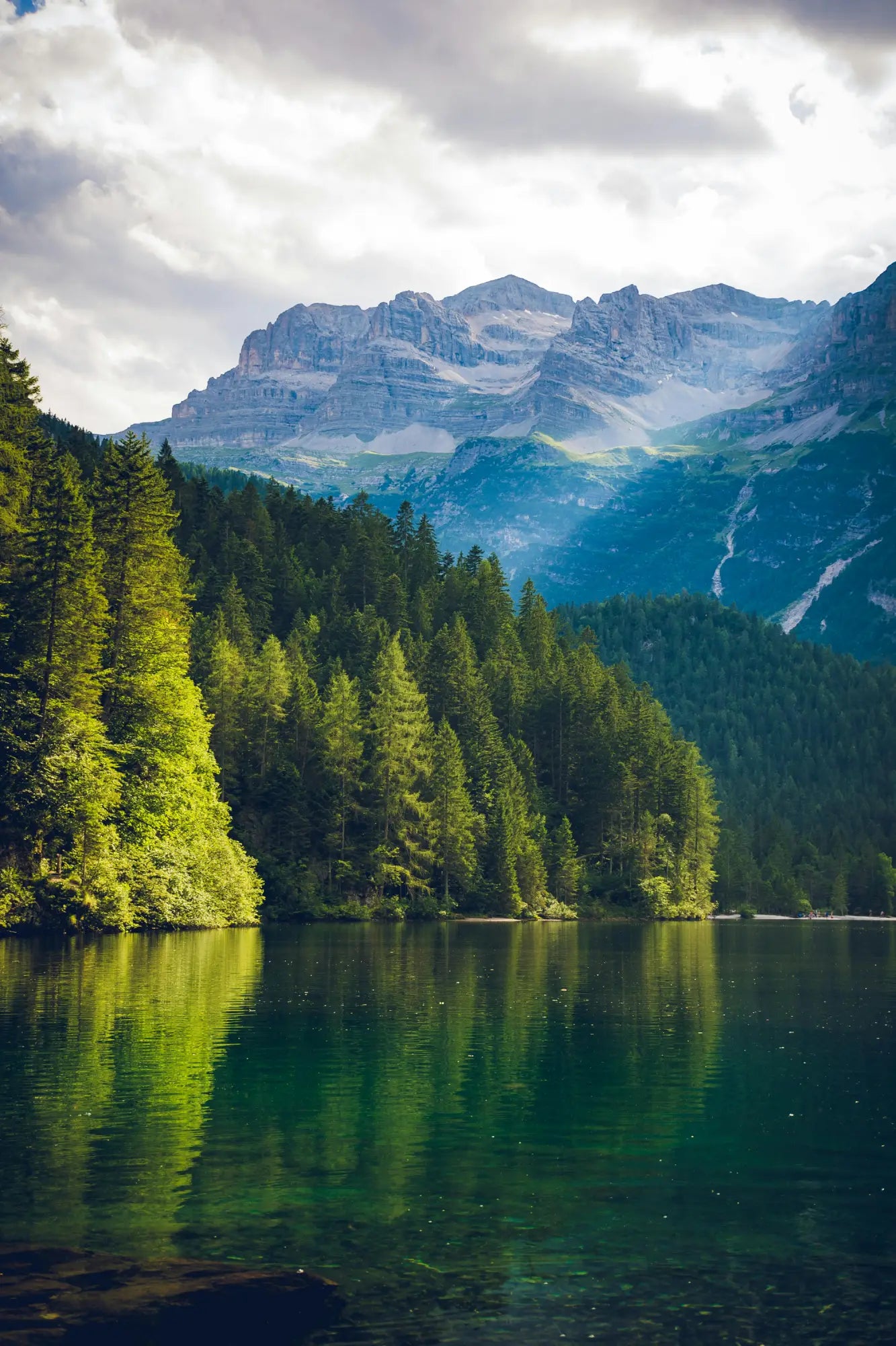 Mountain lake surrounded by evergreen forest and snow-capped peaks in Outdoor & Survival.