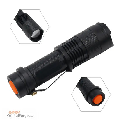 Black 1000-Lumen LED Torch with orange button and textured grip for enhanced control