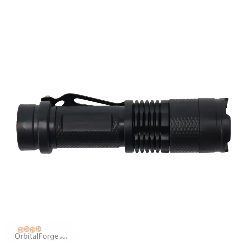 Black tactical LED flashlight with textured grip pattern.