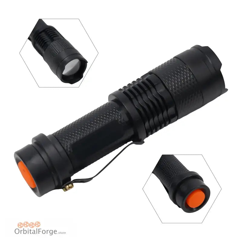 Black tactical flashlight with an orange power button and textured grip pattern.