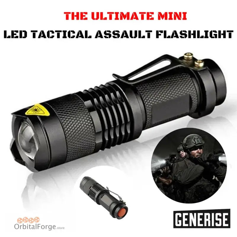 Black tactical LED flashlight with textured grip and adjustable focus.