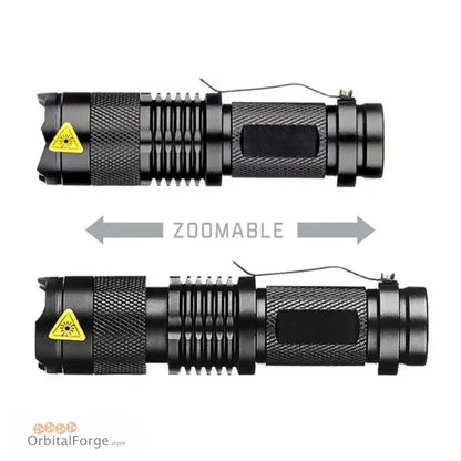 Black tactical flashlight with adjustable zoom function.