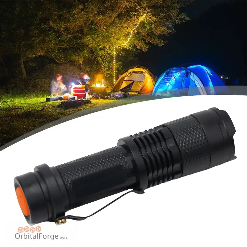 Black tactical LED flashlight with textured grip pattern.