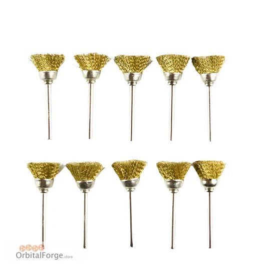 Ten brass wire brushes with cup-shaped bristles arranged in two rows.