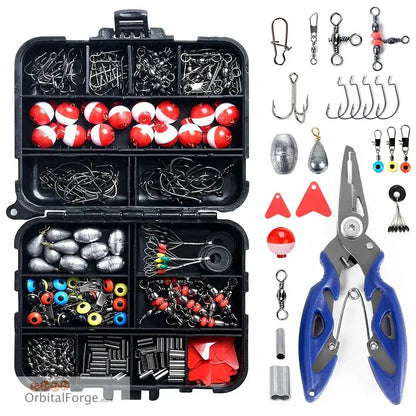 Fishing tackle box filled with hooks, sinkers, bobbers, pliers and various fishing accessories.