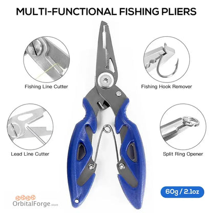 Blue-handled multi-functional fishing pliers with line cutters, hook remover, and split ring opener features.