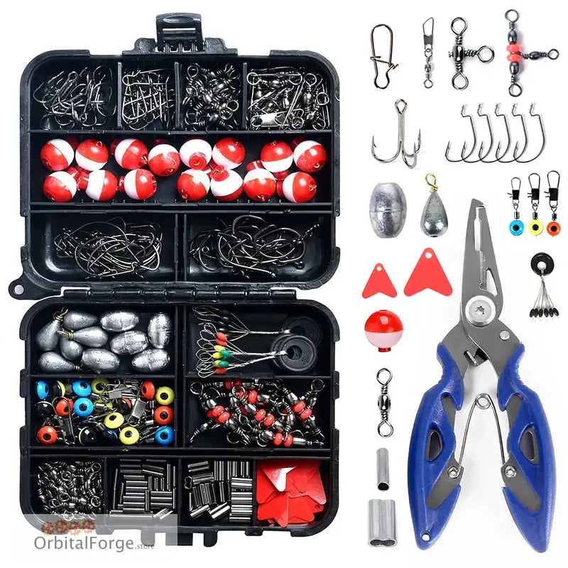 Fishing tackle box filled with hooks, sinkers, bobbers, pliers and various fishing accessories.