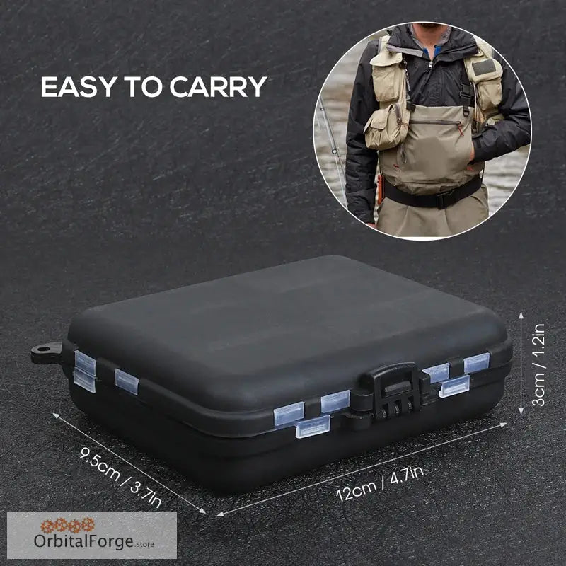 Black hard-shell carrying case with protective latches.