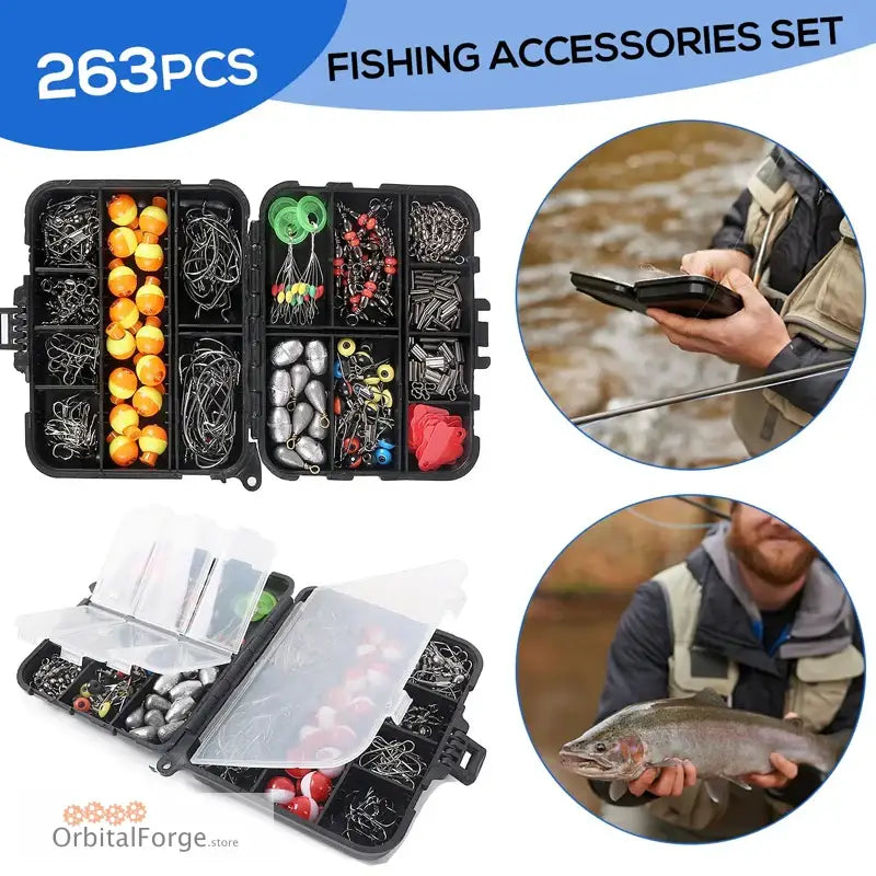 263-piece fishing tackle box set containing hooks, sinkers, floats, and various fishing accessories.