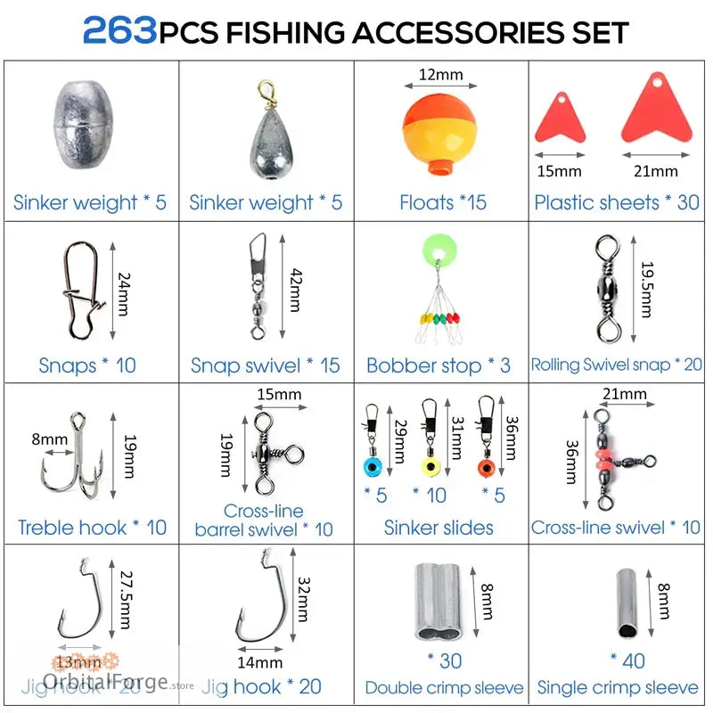 263-piece fishing tackle set containing various hooks, sinkers, swivels, floats, and other essential fishing accessories.