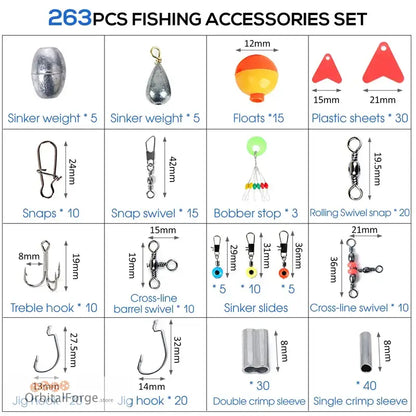 263-piece fishing tackle set containing various hooks, sinkers, swivels, floats, and other essential fishing accessories.