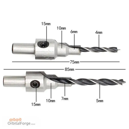 Drill bit with stepped diameter and markings from 2pc Countersink Pilot Drill Bits Set