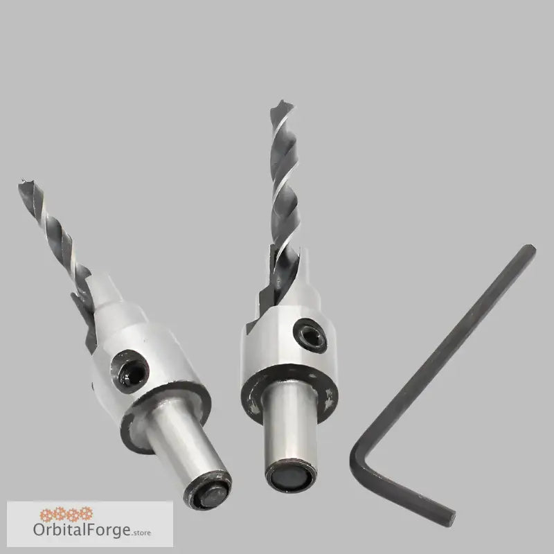 Two spiral drill bits and hex key tool from the 2pc Countersink Pilot Drill set