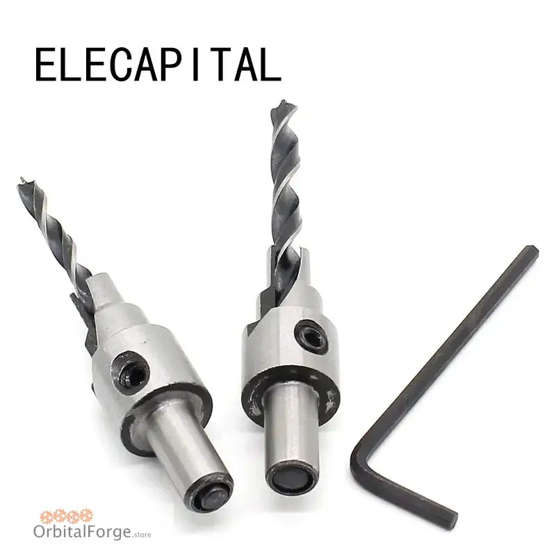 Two drill bits and an Allen wrench from a 2pc Countersink Pilot Drill Bit Set