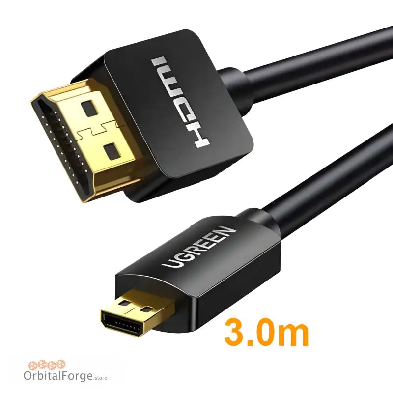 Black HDMI to Mini-HDMI cable measuring 3.0 meters in length.