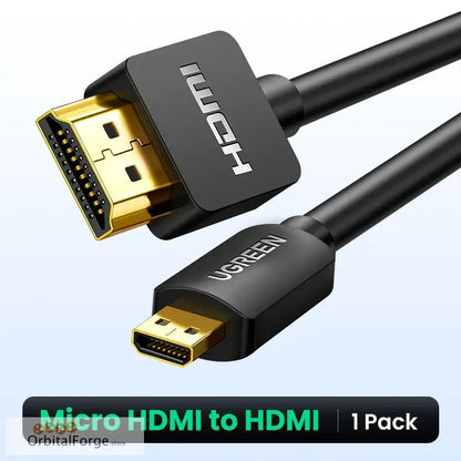 Black Micro HDMI to HDMI cable with gold-plated connectors.