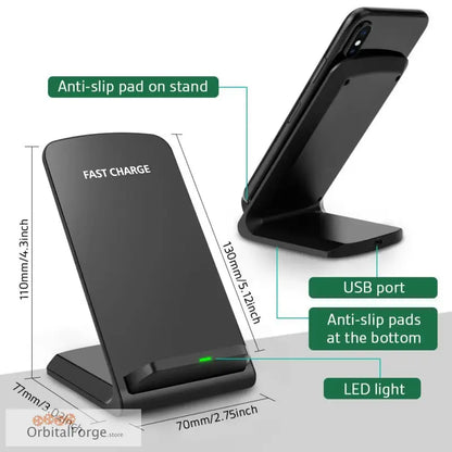 Black 30W Wireless Charging Stand with LED Indicator and anti-slip pads for devices