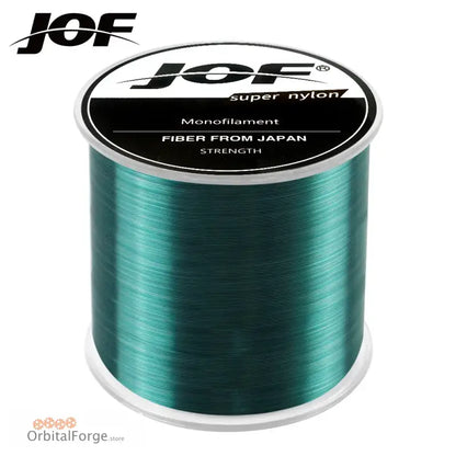 Spool of teal-colored JOF brand monofilament fishing line.