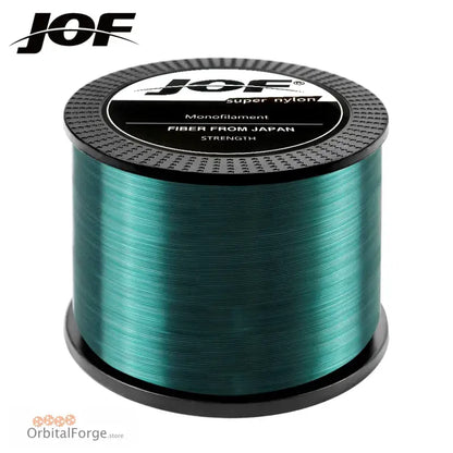 Spool of turquoise-colored fishing line from JOF brand.