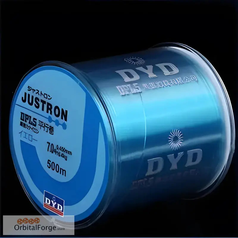 Blue fishing line spool labeled ’DYD Justron’.