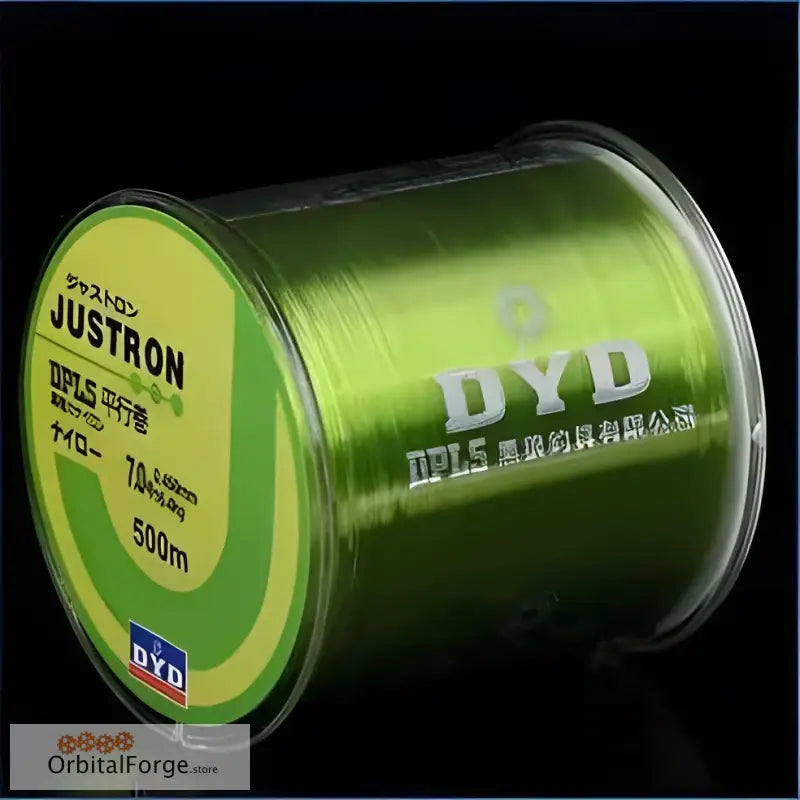 Spool of bright green fishing line labeled ’Justron’ and ’DYD’.