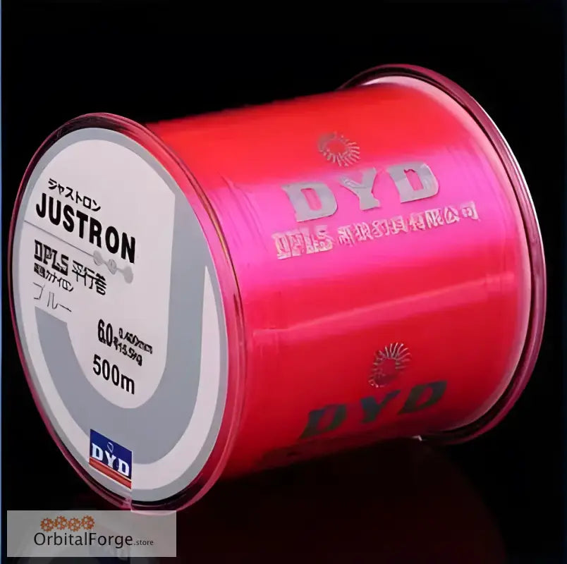 Pink fishing line spool with DYD branding.