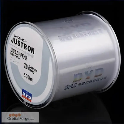 Clear fishing line spool labeled ’Justron’ with 500m length.