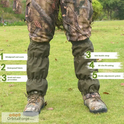 Camouflage hunting gaiters with waterproof fabric and adjustable straps.