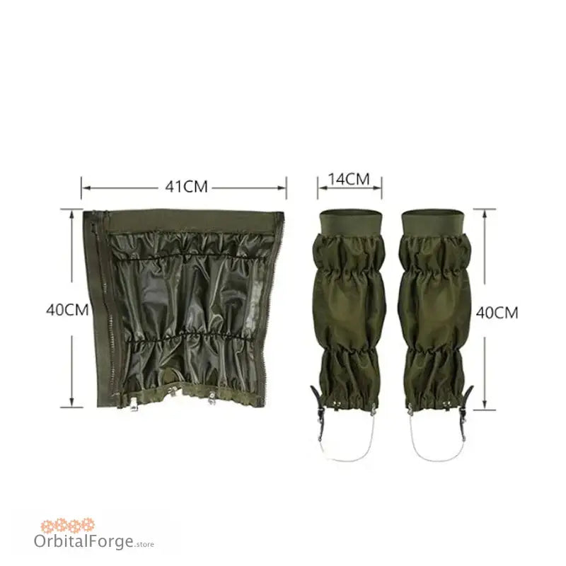 Military-style waterproof gaiters in olive green color with elastic gathering and drawstring closures.