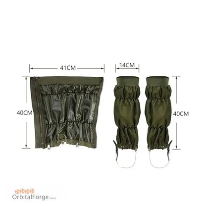 Military-style waterproof gaiters in olive green color with elastic gathering and drawstring closures.