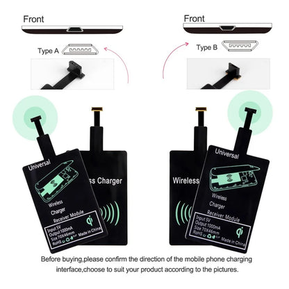 Wireless Charging Receiver for iPhone 5s/6/7 - Universal Micro USB & Type C Adapter for Samsung, Huawei, Xiaomi, 5W Fast Charge