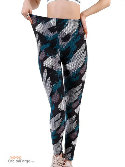 Abstract camouflage leggings in teal, gray, and black with slim stretch for casual wear