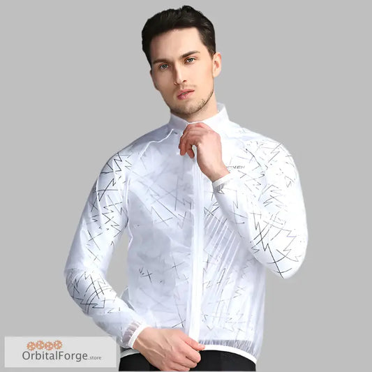 Abstract line pattern on a white dress shirt featured in a waterproof cycling jacket