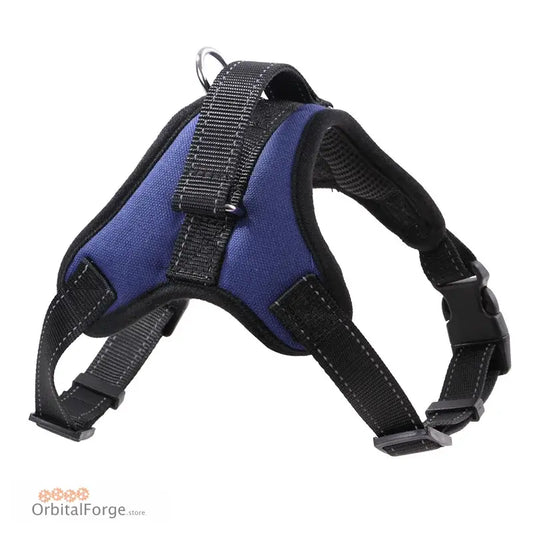 Navy blue and black adjustable dog harness with padded chest piece and nylon straps.