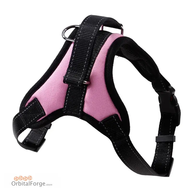 Pink and black adjustable dog harness with nylon straps.