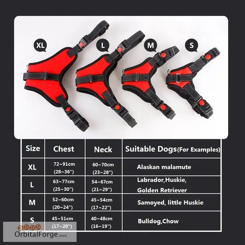 Red and black adjustable dog harnesses shown in four different sizes.