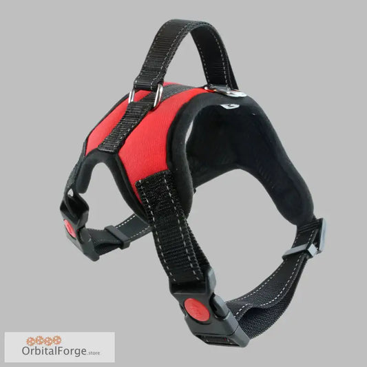 Red and black adjustable dog harness made of heavy-duty nylon for all breeds