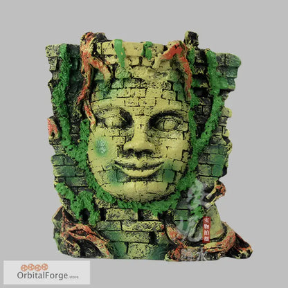 Ancient Roman Face Pillar Aquarium Decor featuring a serene moss-covered face