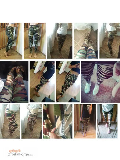 Collage of Animal Print Camouflage Leggings showcasing slim stretch fit for casual wear