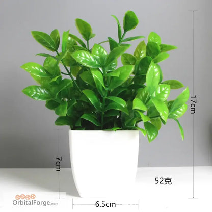 Bright green artificial plant with glossy leaves in a white pot.