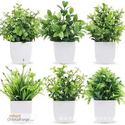 Six artificial potted plants with green leaves in white containers.