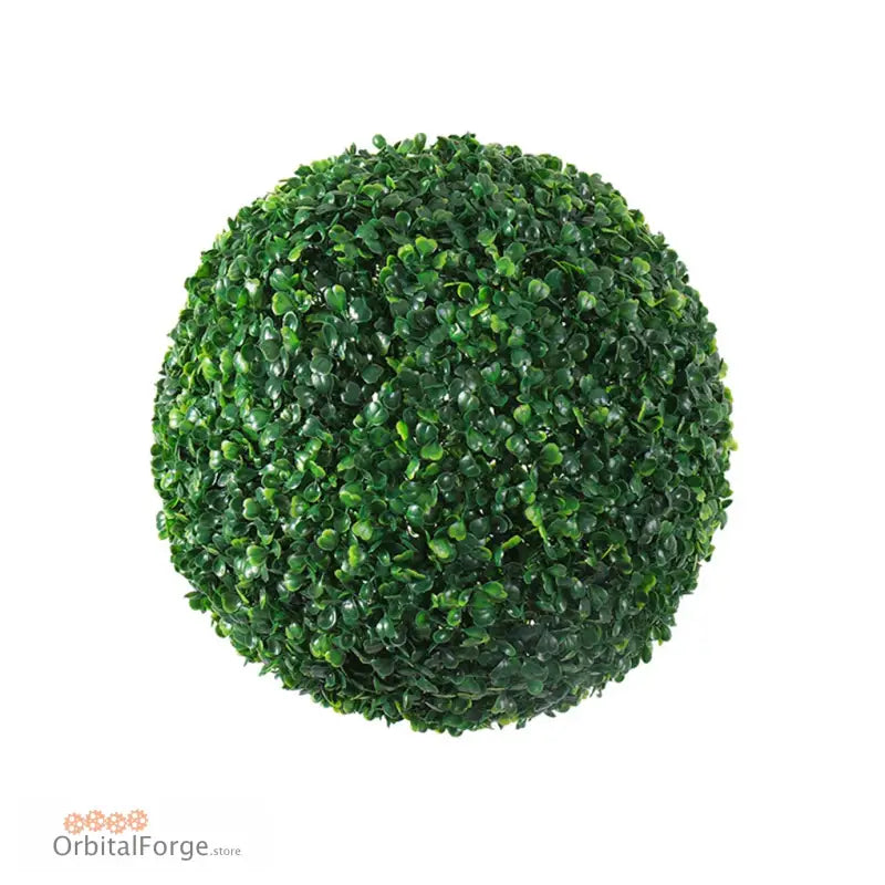 Perfectly round topiary ball made of artificial boxwood leaves.