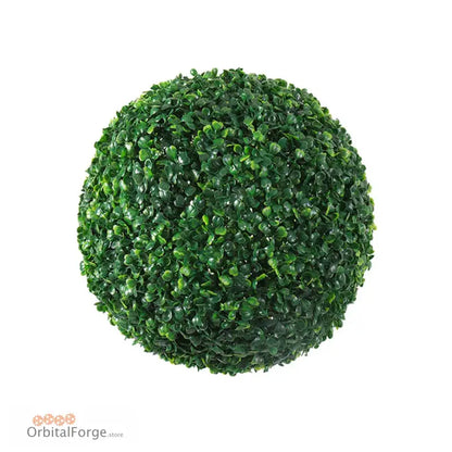 Perfectly round topiary ball made of artificial boxwood leaves.