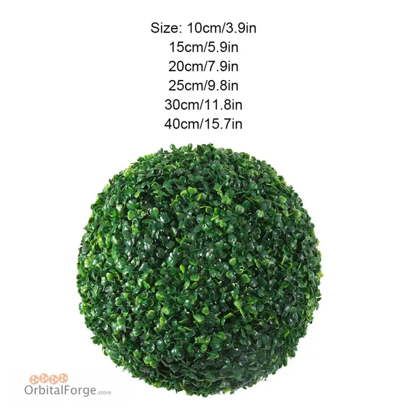 Artificial topiary ball made of green synthetic leaves.