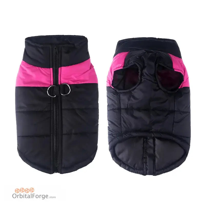 Black and pink padded winter vest for dogs with a zipper closure.