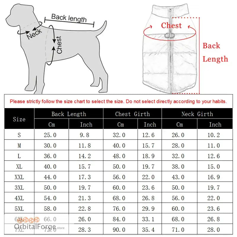 Size chart for measuring dog clothing dimensions including neck, chest and back length measurements.