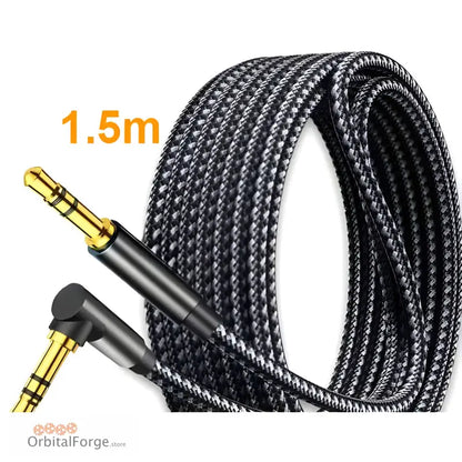 Braided black audio cable with gold-plated 3.5mm connectors at 1.5m length.